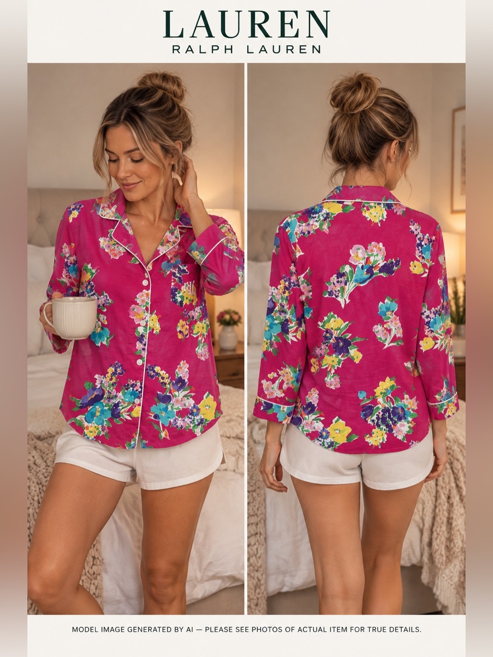 Lauren Ralph Lauren Floral Pajama Top XS Pink Barbiecore Button Front Lounge